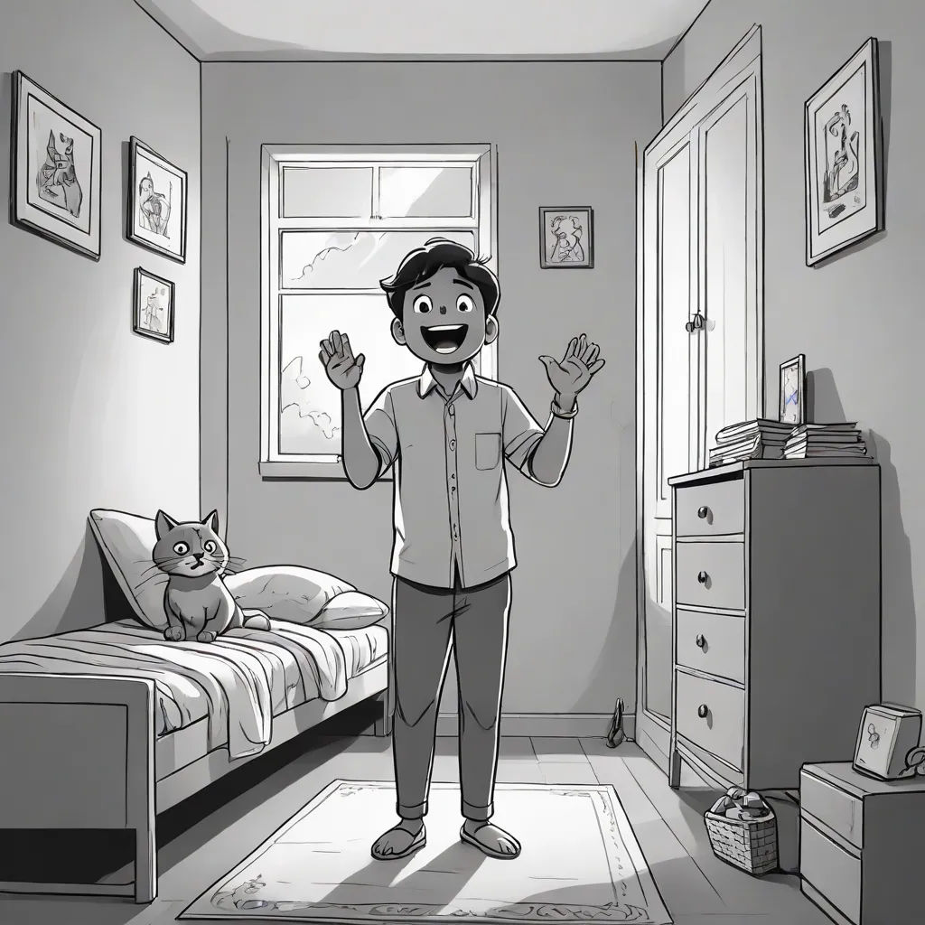 a man standing in a bedroom with a cat on the floor next to him and a cat on the bed, les automatistes, a storybook illustration, Asaf Hanuka, graphic novel