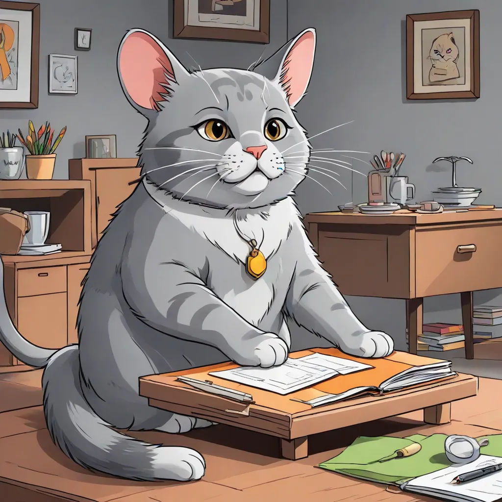 a cat sitting on a desk with a book and a pen in its lap and a mouse in its lap, sots art, a detailed painting, Fernando Botero, official art