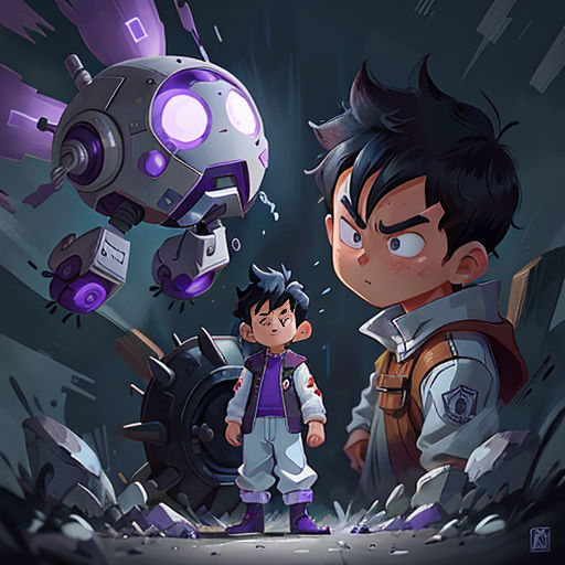 a boy and a girl standing in front of a robot in a cave with a purple light on their face