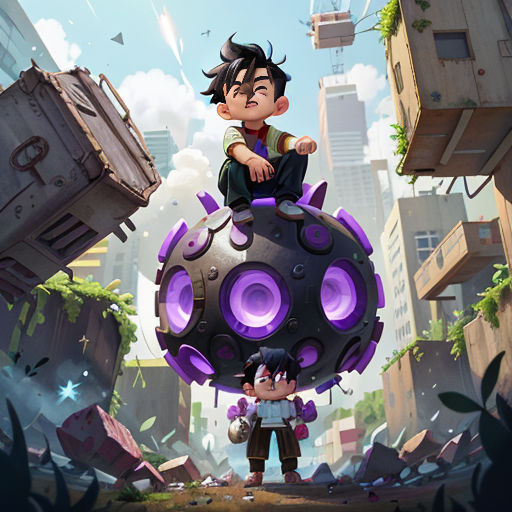 a boy and a girl are sitting on a giant object in a city with a sky background and a building