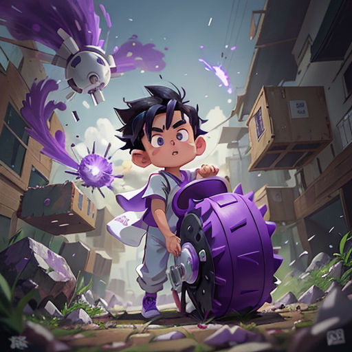a boy is standing in a city with a purple object in his hand and a purple object in the air