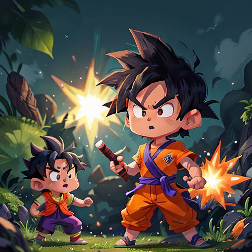 a cartoon of two young boys playing with a fire ball in a jungle area with a dragon and a boy