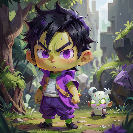 a cartoon character standing in the middle of a forest with a small animal nearby on a path in front of a city