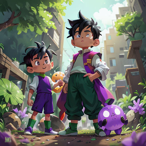 a boy and a girl standing in a forest with a purple ball in front of them and a purple ball in the foreground