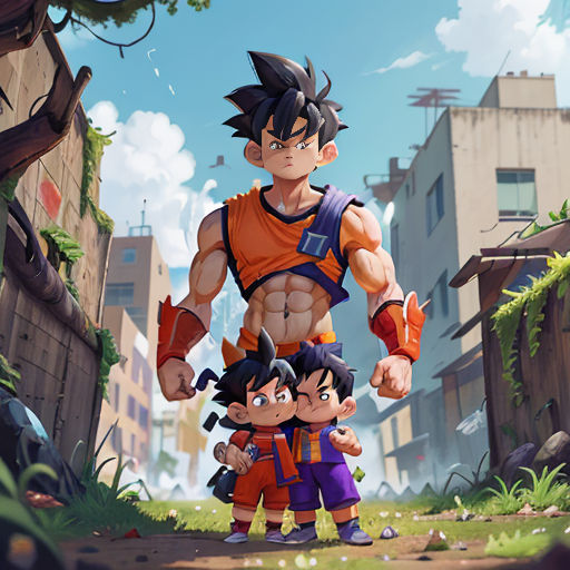 a cartoon of a man and two children standing in a city street with buildings in the background and a sky background