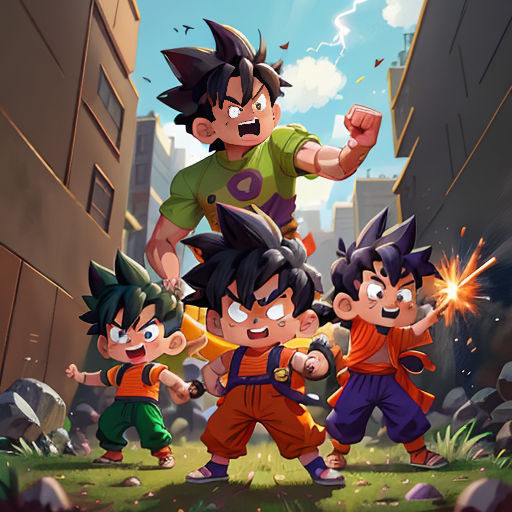 a group of cartoon characters standing in a city street with buildings in the background and a person in the foreground