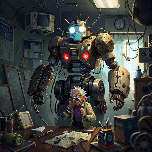 a robot is standing in a room with a man looking at a computer screen and a clock on the wall