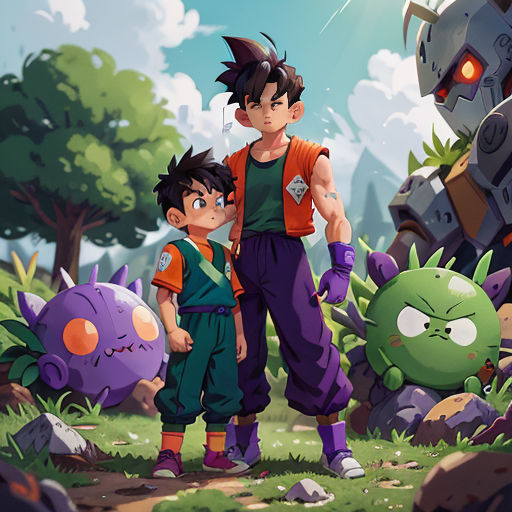 a couple of kids standing next to each other in a field of plants and plants with a robot in the background