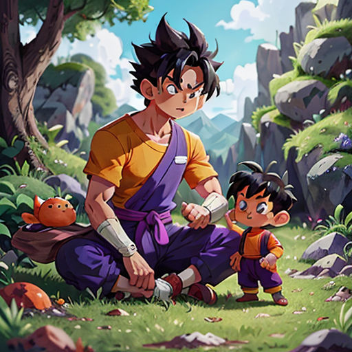 a man kneeling down next to a child in a forest with rocks and trees behind him, and a sky background