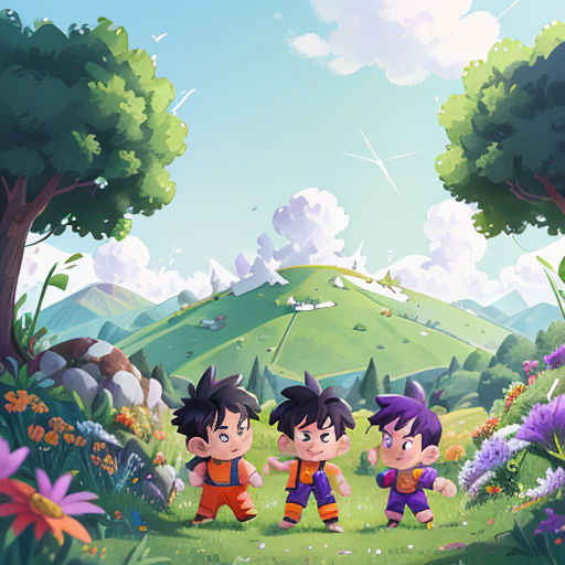 three cartoon boys are walking through a field of flowers and trees, with a mountain in the background and a blue sky
