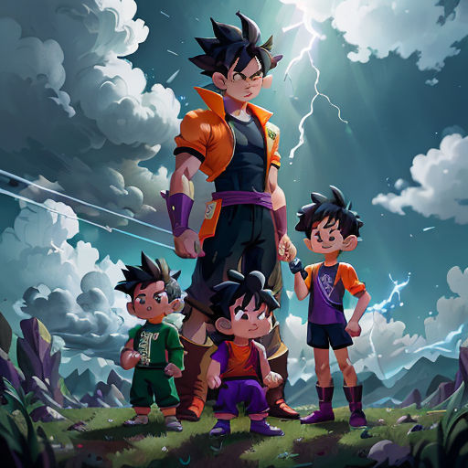 a group of children standing in front of a cartoon character with lightning in the background and clouds in the sky