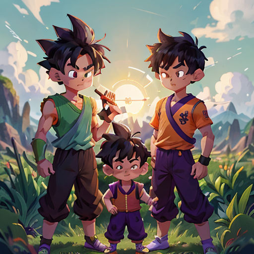 a group of young boys standing next to each other in a field of grass and plants with a sun in the background