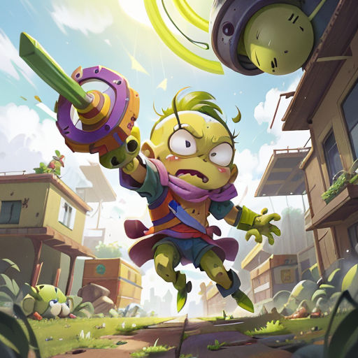 a cartoon character is holding a gun and a clock in the air with a building in the background and a sky background