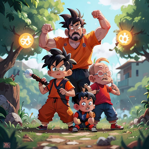 a group of cartoon characters standing in front of a forest with a light bulb above them and a man holding a baseball bat