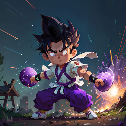a cartoon character holding a purple ball and a purple glove with a firework in the background and a city in the background
