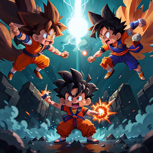 two cartoon characters fighting over a city with lightnings in the background and a sky background with clouds and lightnings