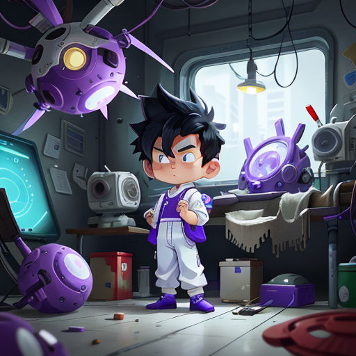 a boy standing in a room with a computer and a purple object in the background and a purple object in the foreground