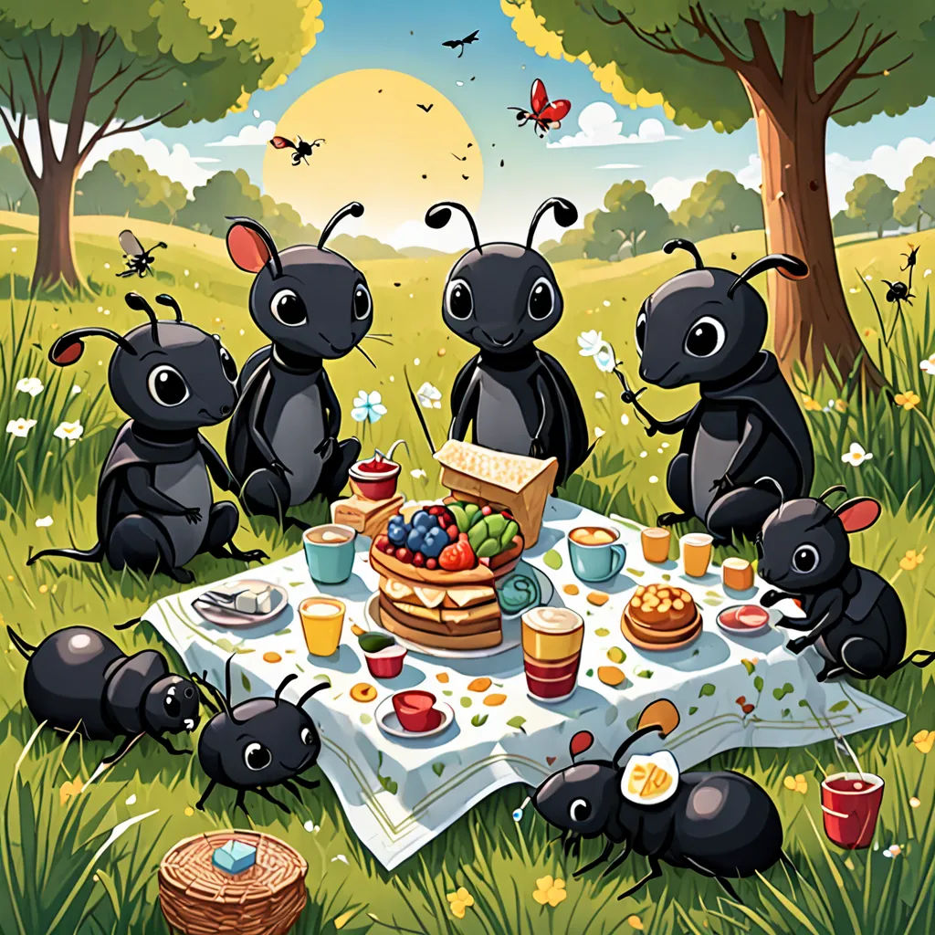 a group of ants sitting around a table with food on it in the grass and a butterfly flying overhead, pop surrealism, a storybook illustration, Craola, detailed illustration