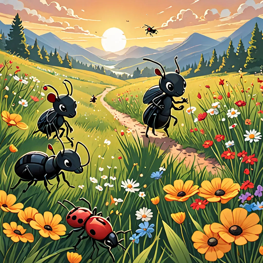 a painting of a group of bugs walking through a field of flowers and grass with a sunset in the background, environmental art, a storybook illustration, Dan Mumford, storybook illustration