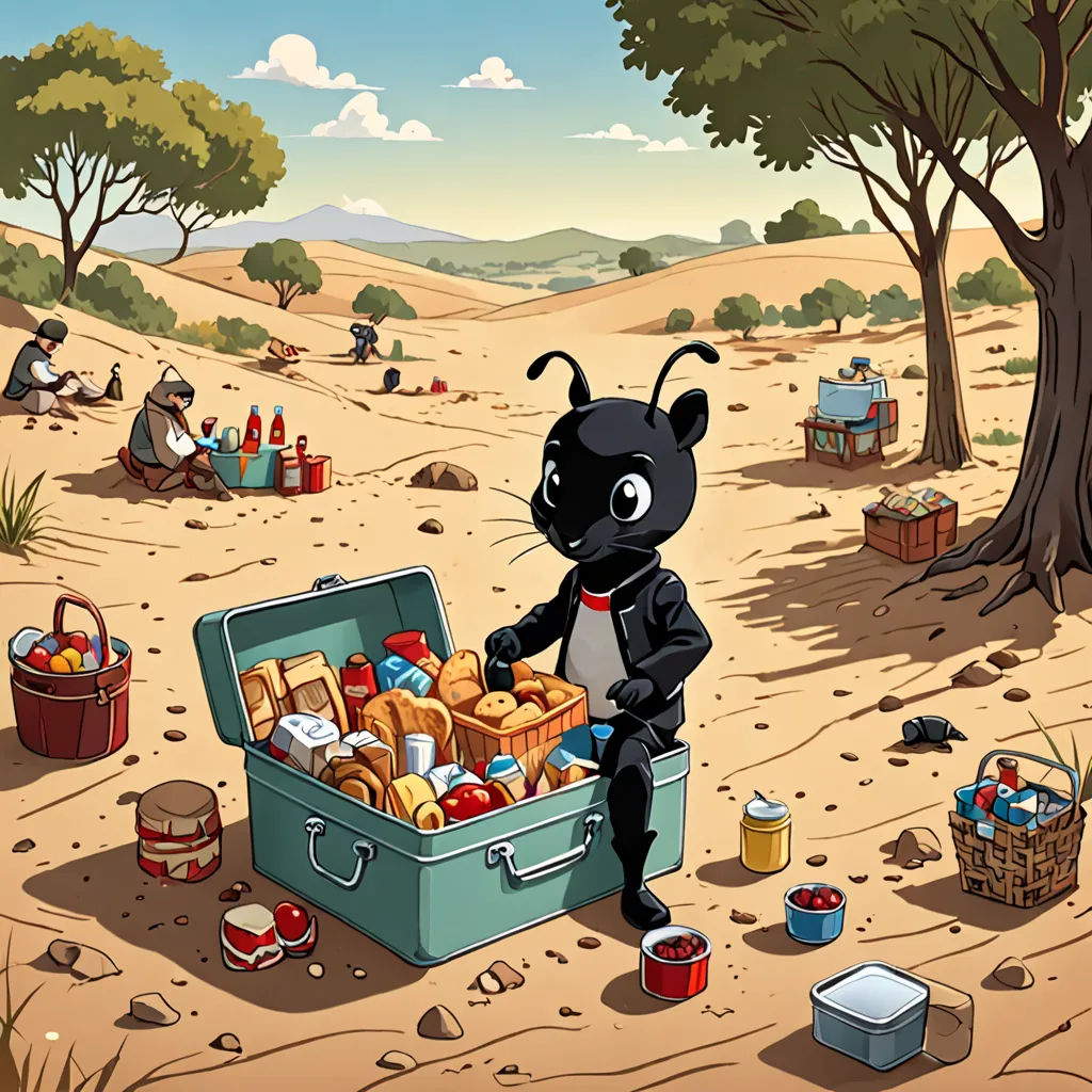 a cartoon of a black cat with a suitcase full of food in the desert with people sitting around it, serial art, a storybook illustration, Andries Stock, behance hd