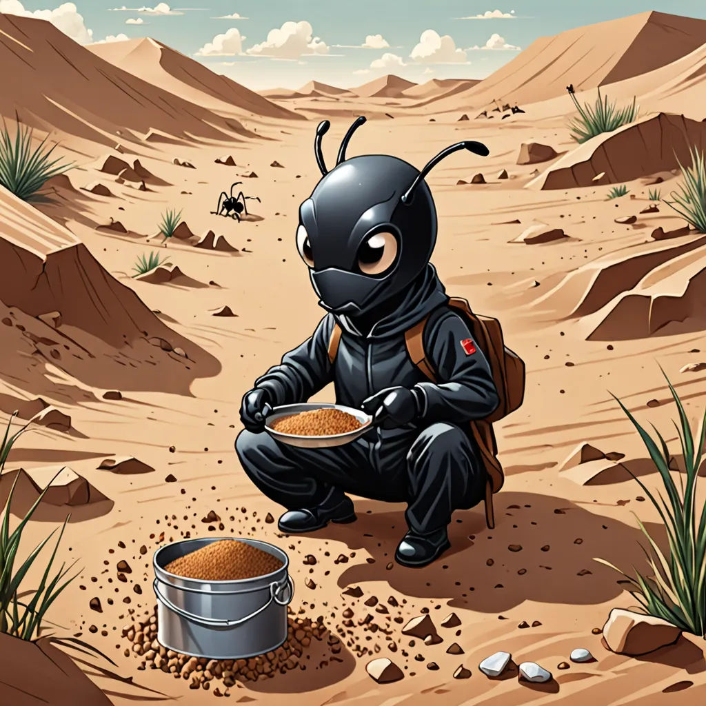 a cartoon of a bug eating out of a bowl of food in the desert with a desert background and a desert landscape, serial art, a storybook illustration, Amir Zand, desert