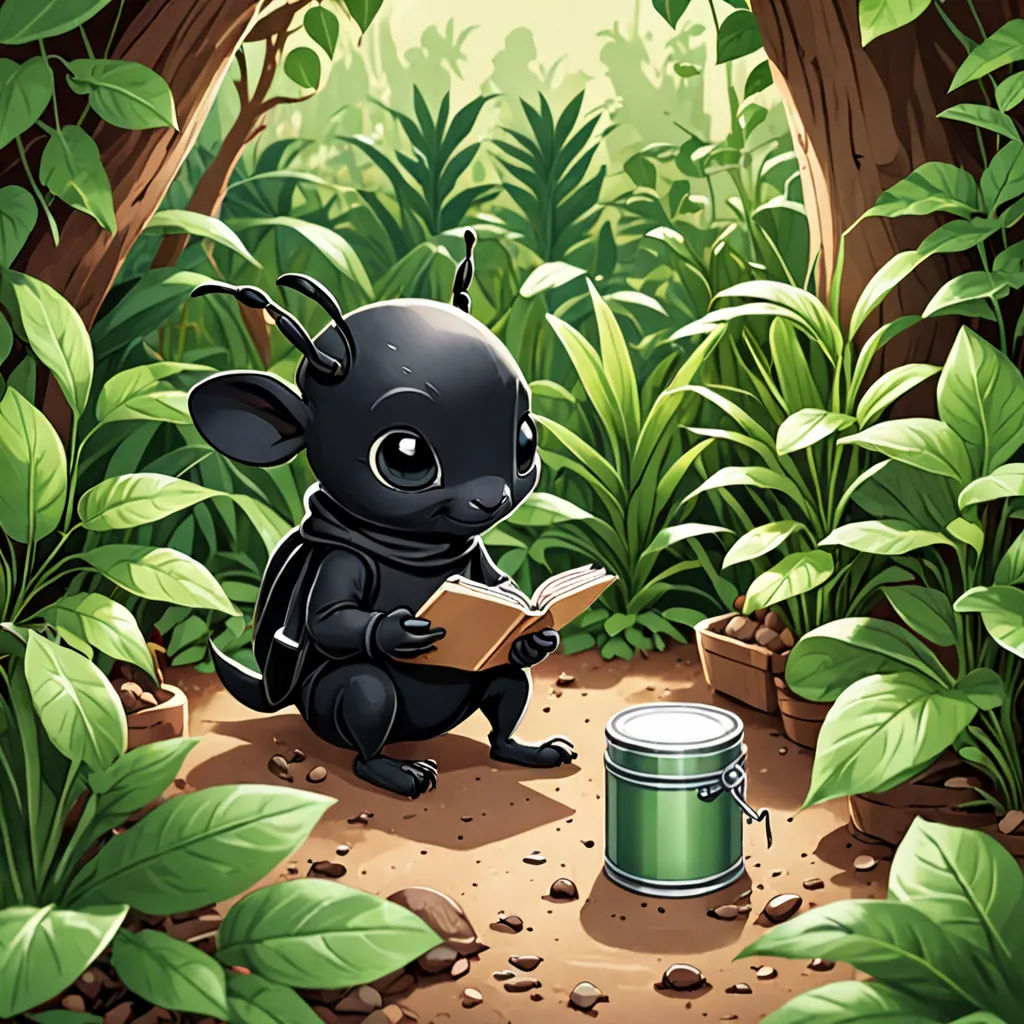 a black animal reading a book in the forest with a green bucket of paint next to it and a green tin, sots art, a storybook illustration, artist, game art