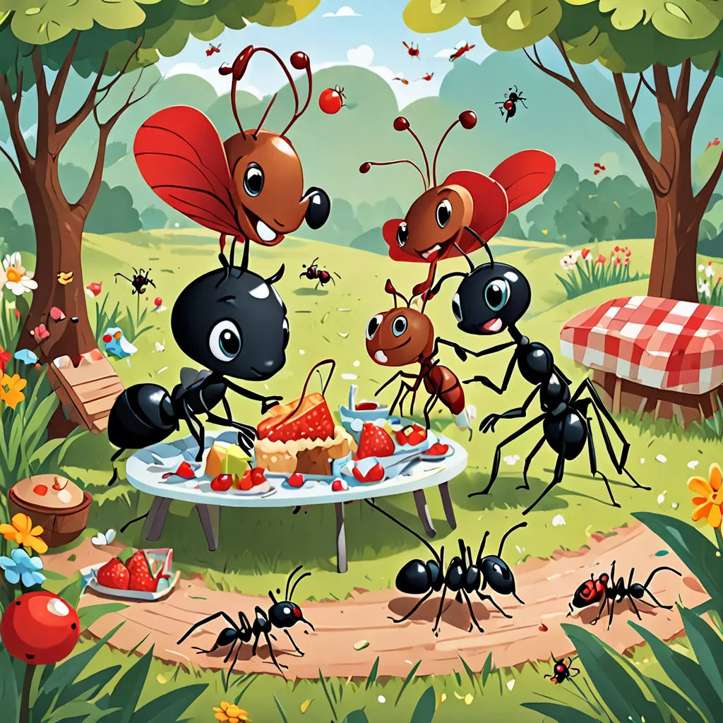 a group of ants are eating a cake together in the forest with a picnic table full of fruit and berries, pop surrealism, a storybook illustration, Craola, detailed illustration