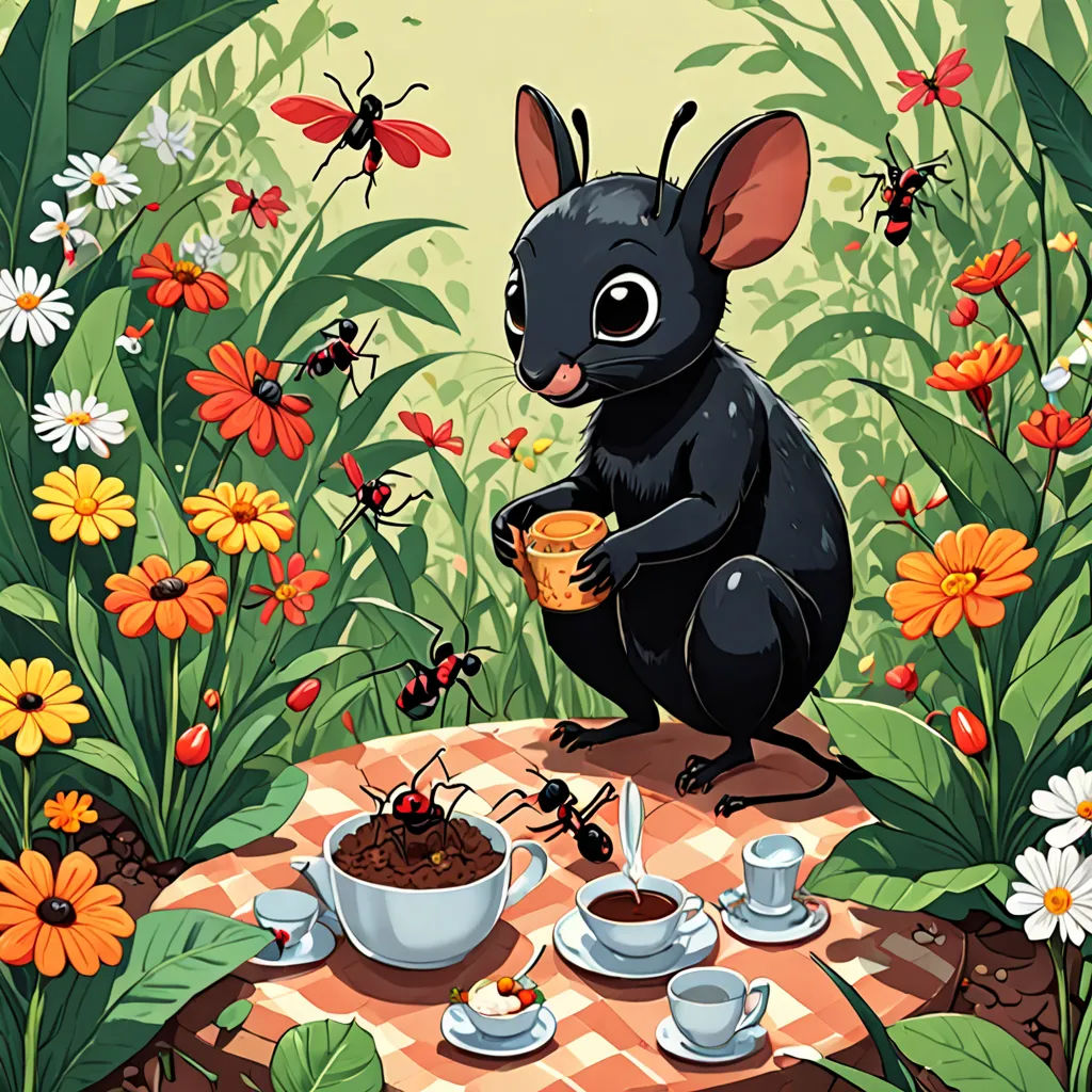 a cartoon mouse eating food in a garden with flowers and butterflies around it, and a table with a checkered cloth, context art, a storybook illustration, Chris LaBrooy, storybook illustration