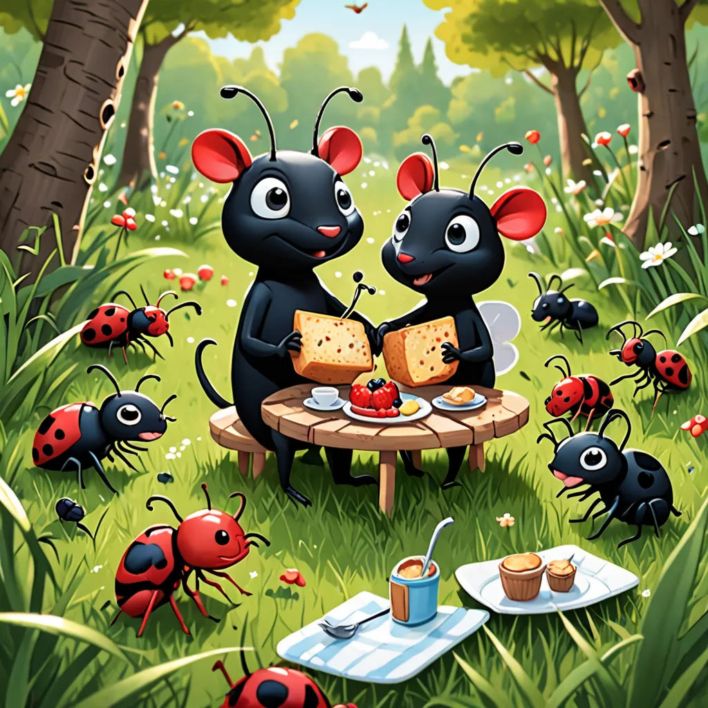a couple of black mice sitting at a table with food in front of them and bugs around them eating, pop surrealism, a storybook illustration, Diego Gisbert Llorens, storybook illustration
