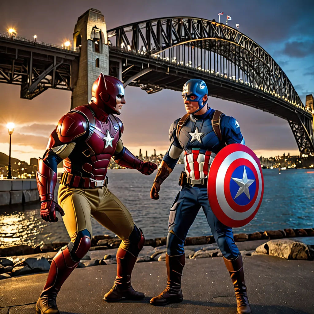 two people dressed as captain america and iron man standing in front of a bridge with a bridge in the background, art photography, a comic book panel, Anson Maddocks, marvel comics