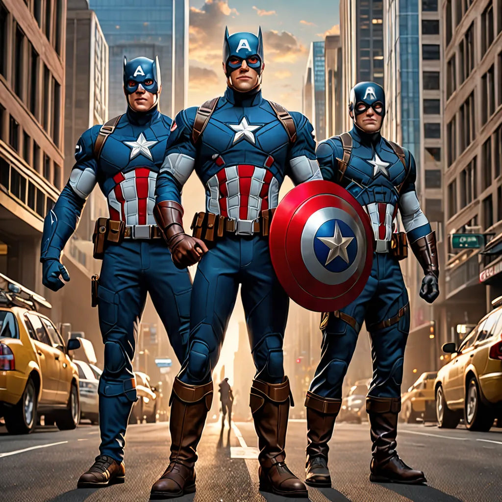 a group of three men dressed as captain america standing in the street with a shield in front of them, antipodeans, a comic book panel, Americo Makk, marvel comics