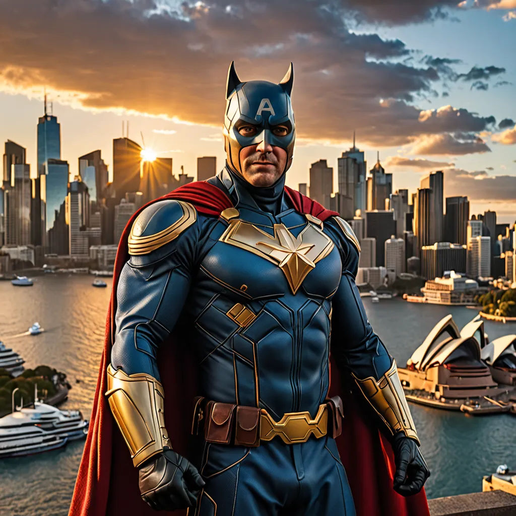 a man dressed as a superhero stands in front of a city skyline with a boat in the water and a boat in the water, antipodeans, a comic book panel, Altichiero, affinity photo