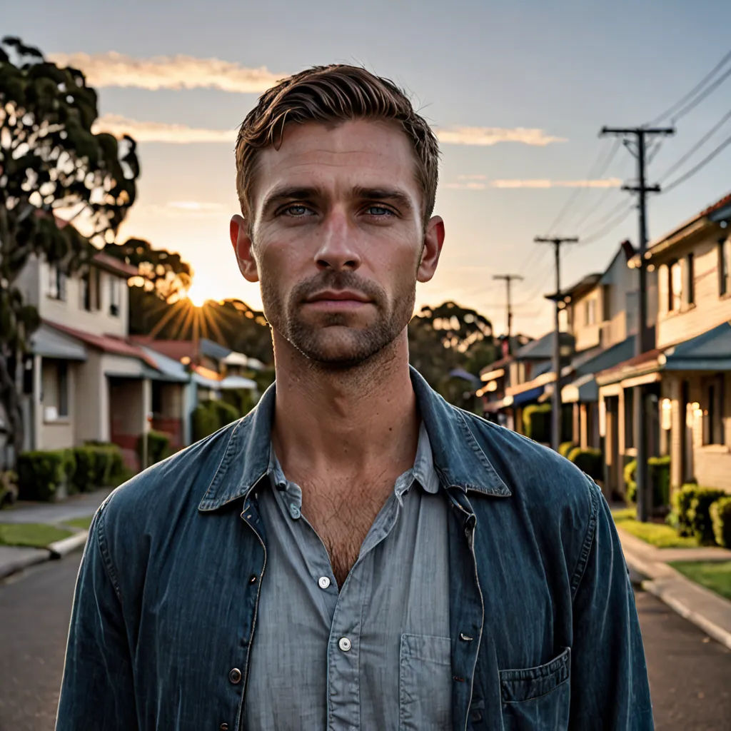 a man standing on a street with houses in the background and a street light in the foreground with a sun setting, serial art, a character portrait, Adam Willaerts, promotional image
