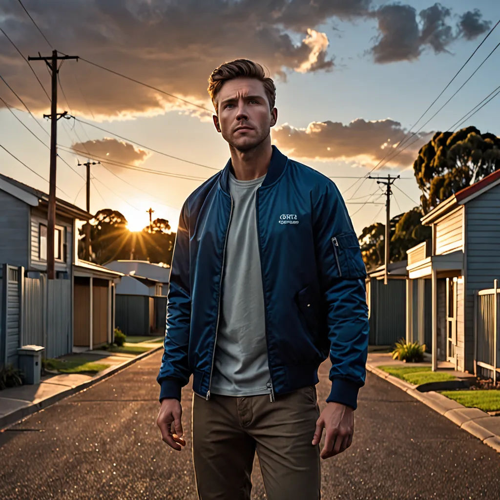 a man standing on a street with a skateboard in his hand and a sunset in the background behind him, photorealism, a character portrait, Brian 'Chippy' Dugan, promotional image