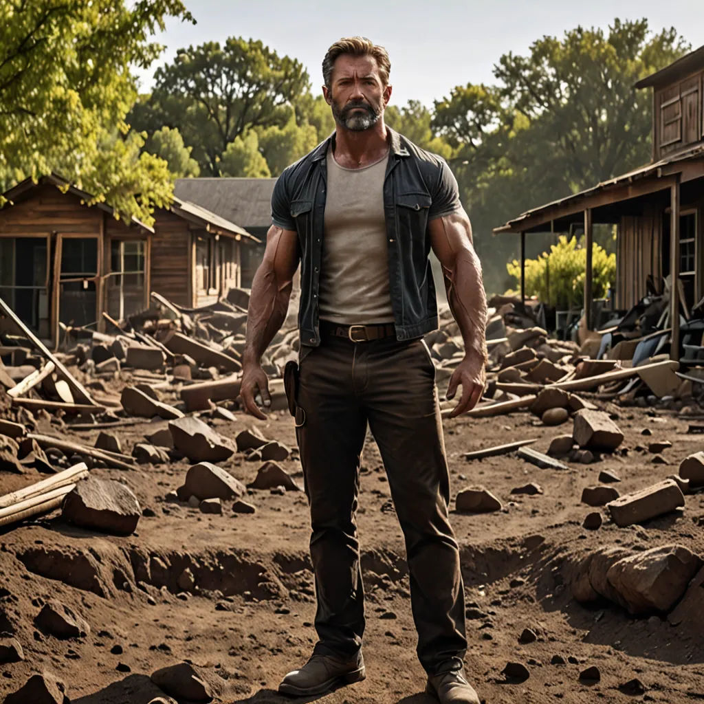 a man standing in a dirt field next to a building and trees in the background with a man standing in the dirt, neo-primitivism, a character portrait, Clark Voorhees, promotional image