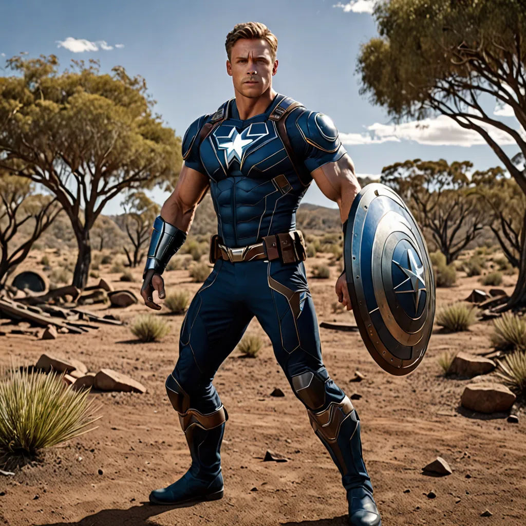 a man in a captain america costume holding a shield in a desert area with trees in the background and a blue sky, antipodeans, a character portrait, Americo Makk, promotional image