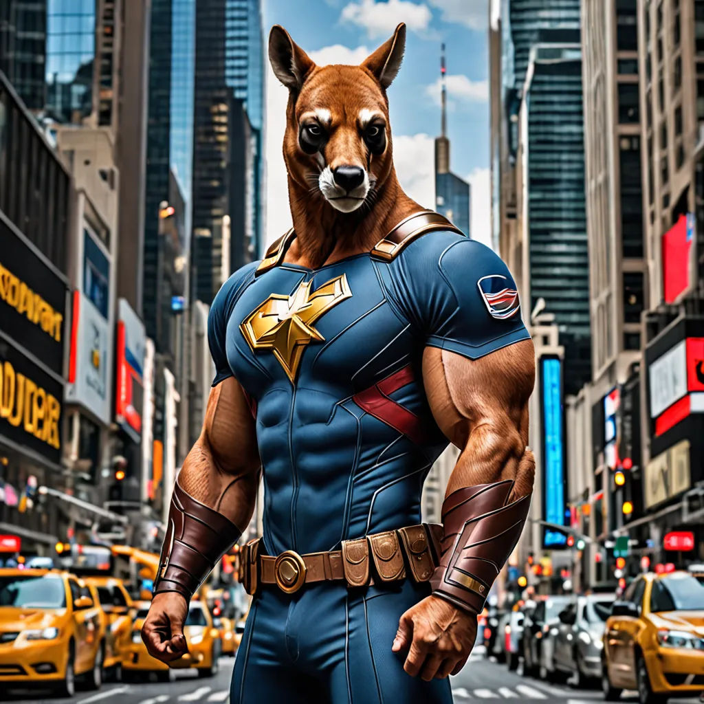a man dressed as a superhero stands in the middle of a city street with a kangaroo mask on his head, furry art, a digital rendering, Americo Makk, trending on furaffinity