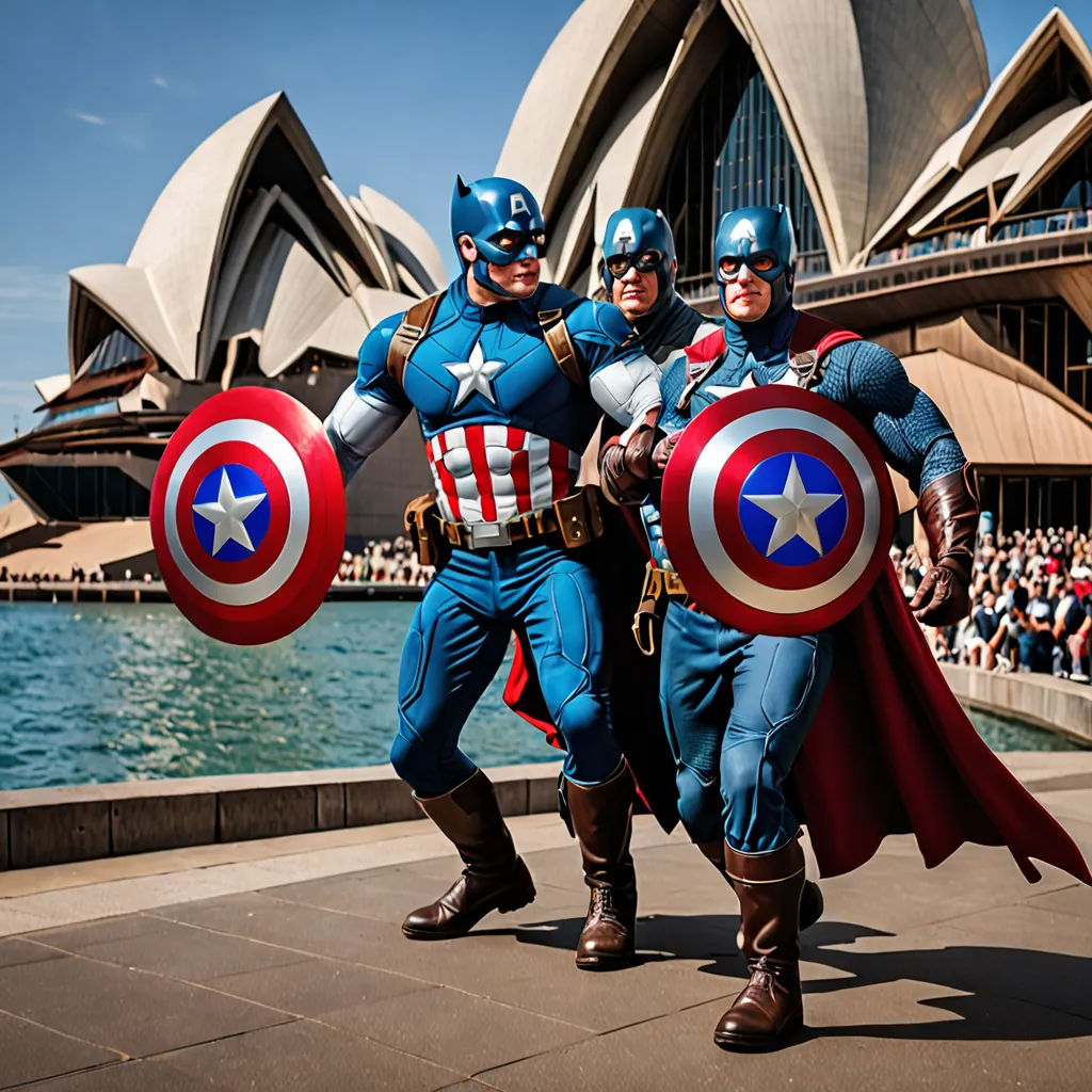 two men dressed as captain america and a woman dressed as a superhero pose for a picture in front of the sydney opera house, fantastic realism, a comic book panel, Anson Maddocks, marvel comics