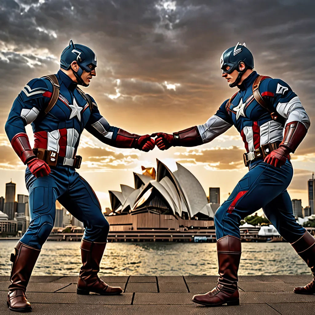 two people in captain america costumes are shaking hands in front of a cityscape with a large opera performance in the background, art photography, a comic book panel, Americo Makk, marvel comics