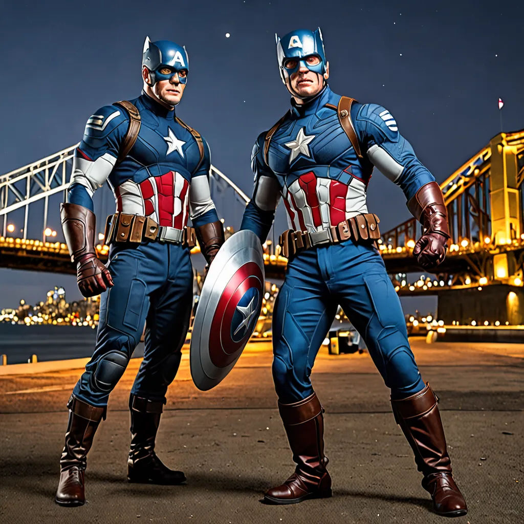 two men dressed in captain america costumes standing next to each other in front of a bridge at night with a city in the background, art photography, a comic book panel, Americo Makk, marvel comics