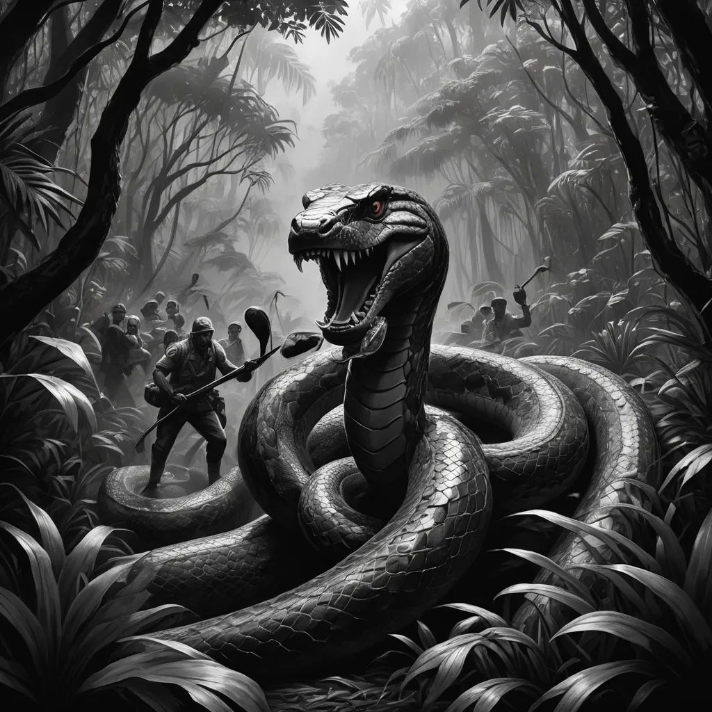 a large snake is in the middle of a jungle with people in it and a man holding a sword, cobra, poster art, Dan Mumford, promotional image