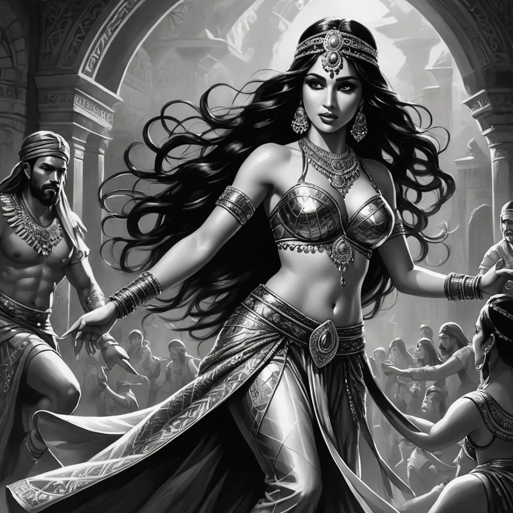 a woman in a costume dancing with other people in the background, with a man in the background, and a woman in the foreground, fantasy art, a comic book panel, Chris Rallis, magic the gathering artwork