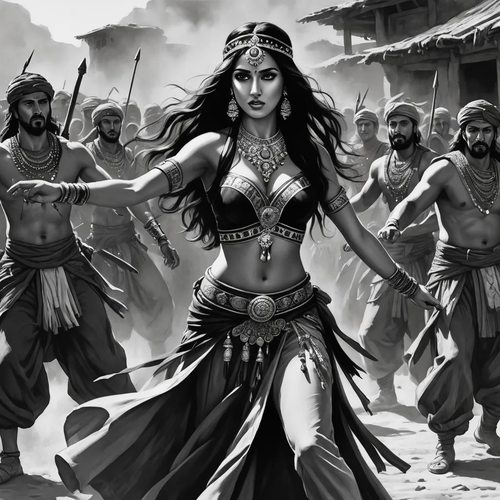 a woman in a costume dancing with other people in the background and a man in a costume behind her, fantasy art, a detailed matte painting, Chris Rallis, magic the gathering artwork