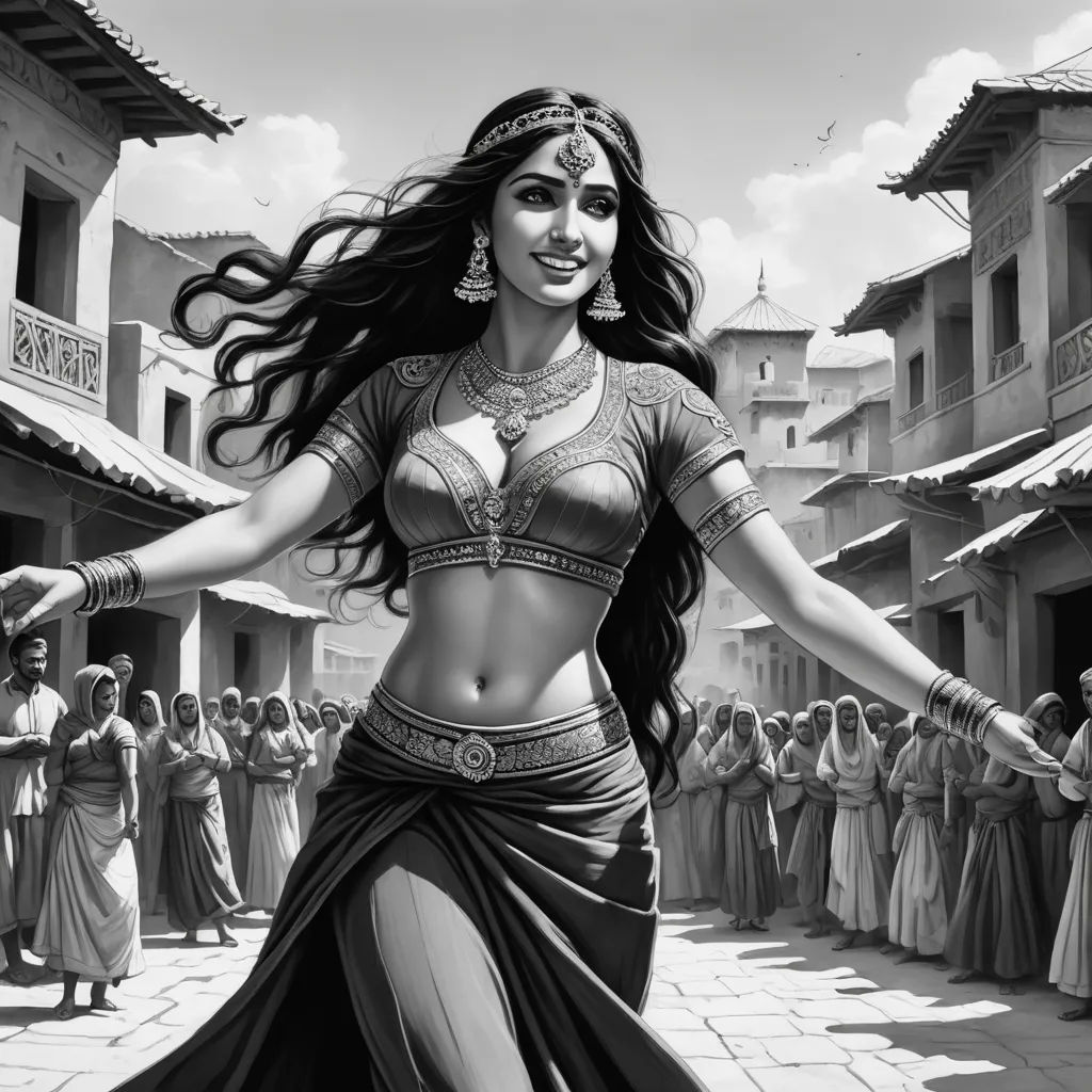 a woman in a belly dance outfit is dancing in front of a crowd of people in a courtyard with a woman in a belly ring, fantasy art, an ultrafine detailed painting, Chris Rallis, comic cover art
