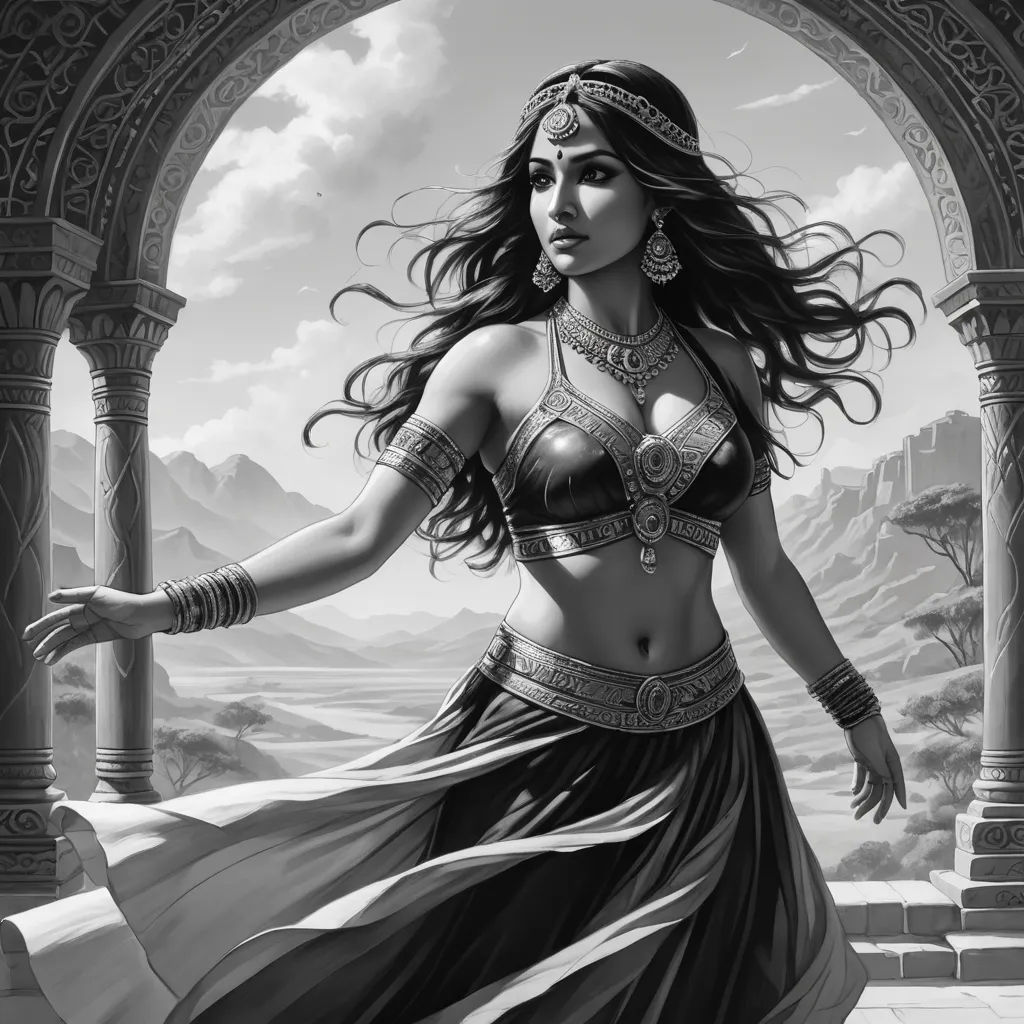 a woman in a dress and headdress is standing in front of an arch with a mountain in the background, fantasy art, an ultrafine detailed painting, Chris Rallis, fantasy artwork