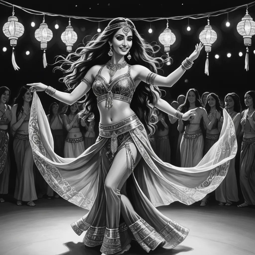 a woman in a belly dance costume dancing with other women in the background and lanterns hanging overhead in black and white, arabesque, a pencil sketch, Ella Guru, highly detailed digital painting