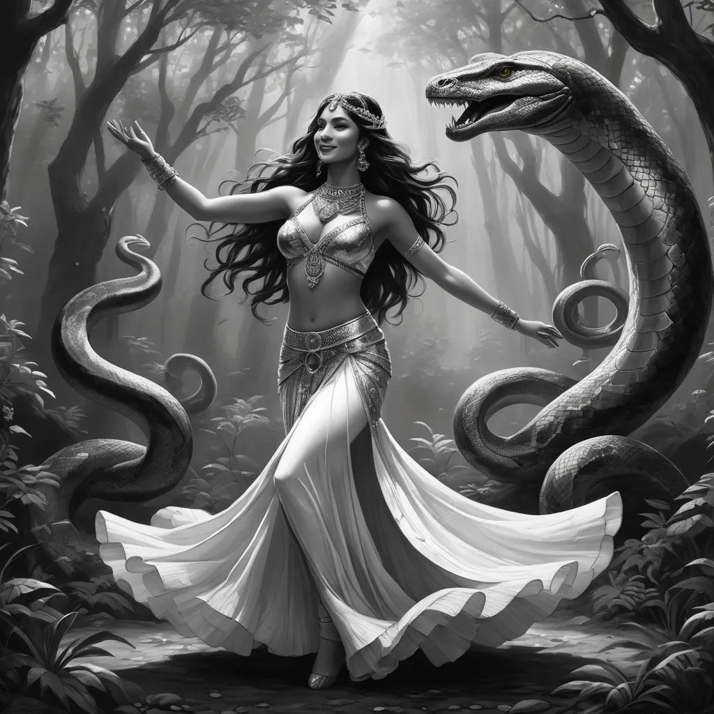 a woman in a white dress standing next to a snake in a forest with trees and leaves on the ground, fantasy art, an ambient occlusion render, Art of Brom, dark fantasy art