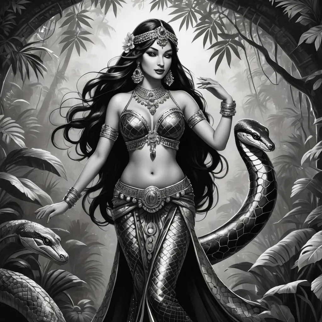 a woman in a bikini and a snake on her chest is standing in the jungle with her arms around her waist, gothic art, egyptian art, Art of Brom, orientalism