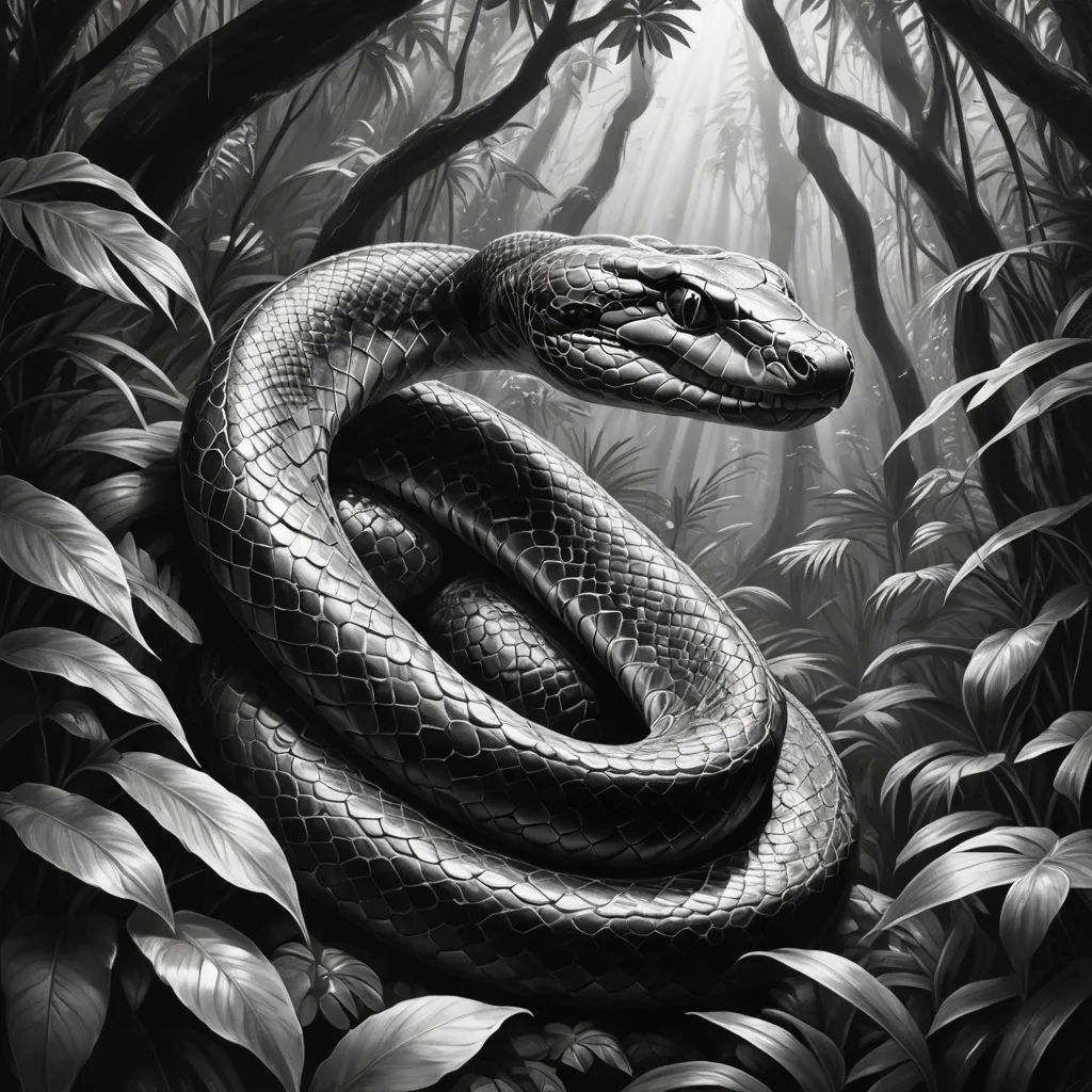 a snake is curled up in the middle of a jungle with trees and leaves around it, with a light coming from behind it, cobra, an ambient occlusion render, Dan Hillier, photoreal