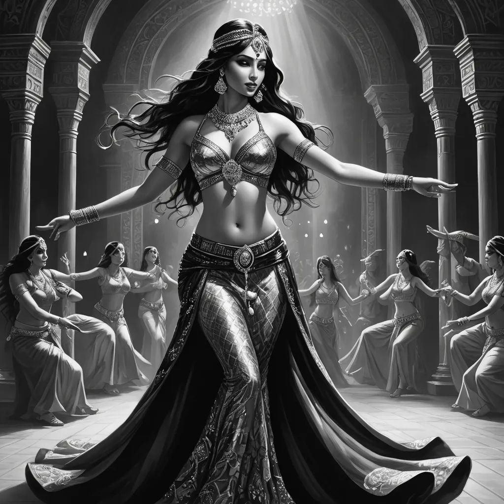 a woman in a belly dance costume with other women in the background and a light shining down on her, fantasy art, egyptian art, Chris Rallis, orientalism